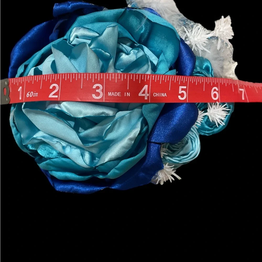 Large oversized big blue flowers headband bows lace satin ribbon hair accessory